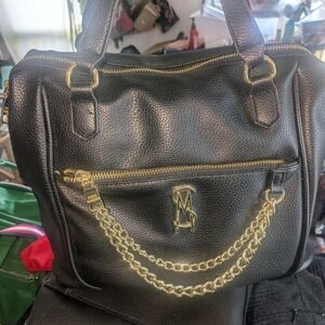 Black Leather Handbag with Gold Accents